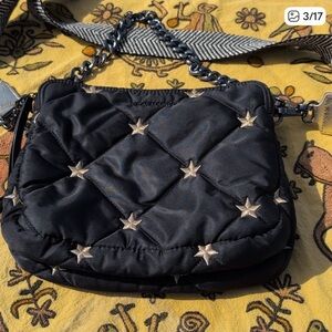 MZ Wallace Black Quilted Crossbody with Silver Star Embroidery